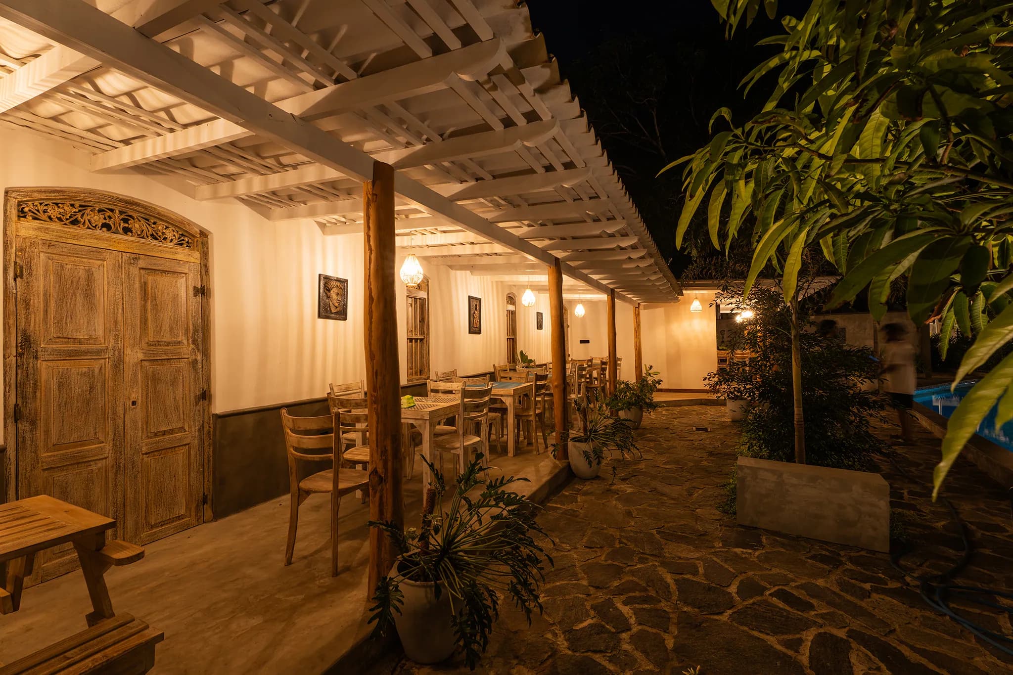 The restaurant terrace lit in the evening